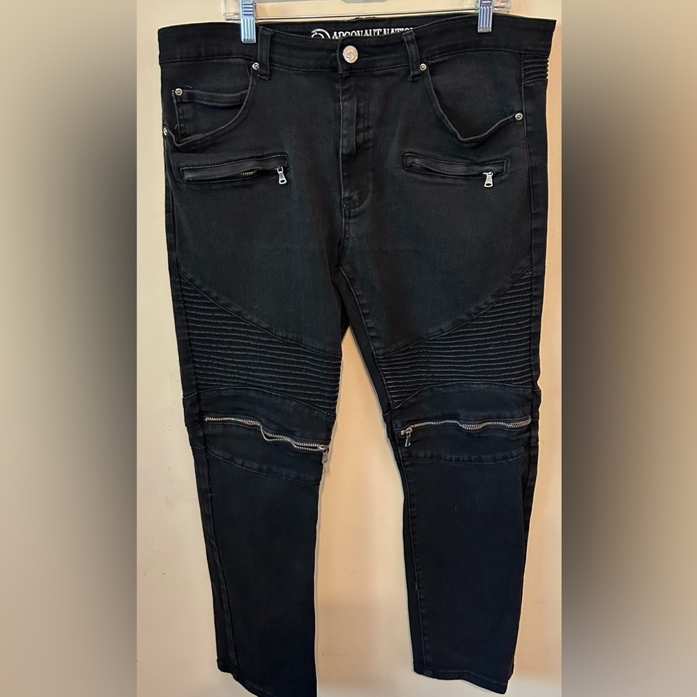 Argonaut Nation Mens Black Moto Zippers Denim‎ Jeans Biker 42x32 Slim Straight